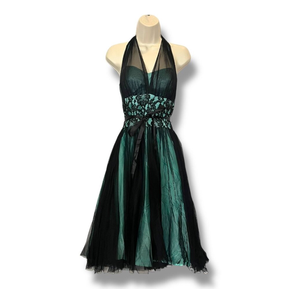 Y2K Cache Halter Dress Winter Formal Prom 2 Mint Green & Black Fit & Flare XS